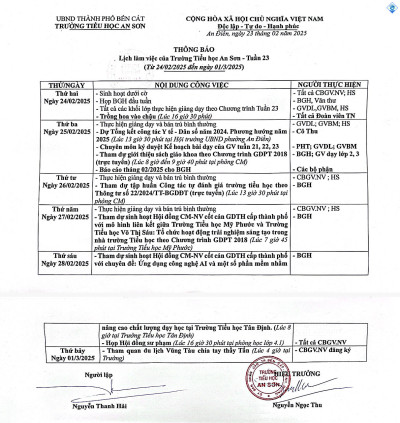 LỊCH LÀM VIỆC TUẦN 23