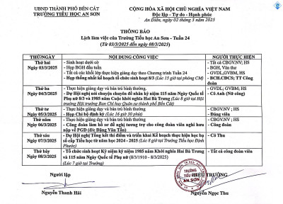 LỊCH LÀM VIỆC TUẦN 24