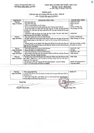 LỊCH LÀM VIỆC TUẦN 26